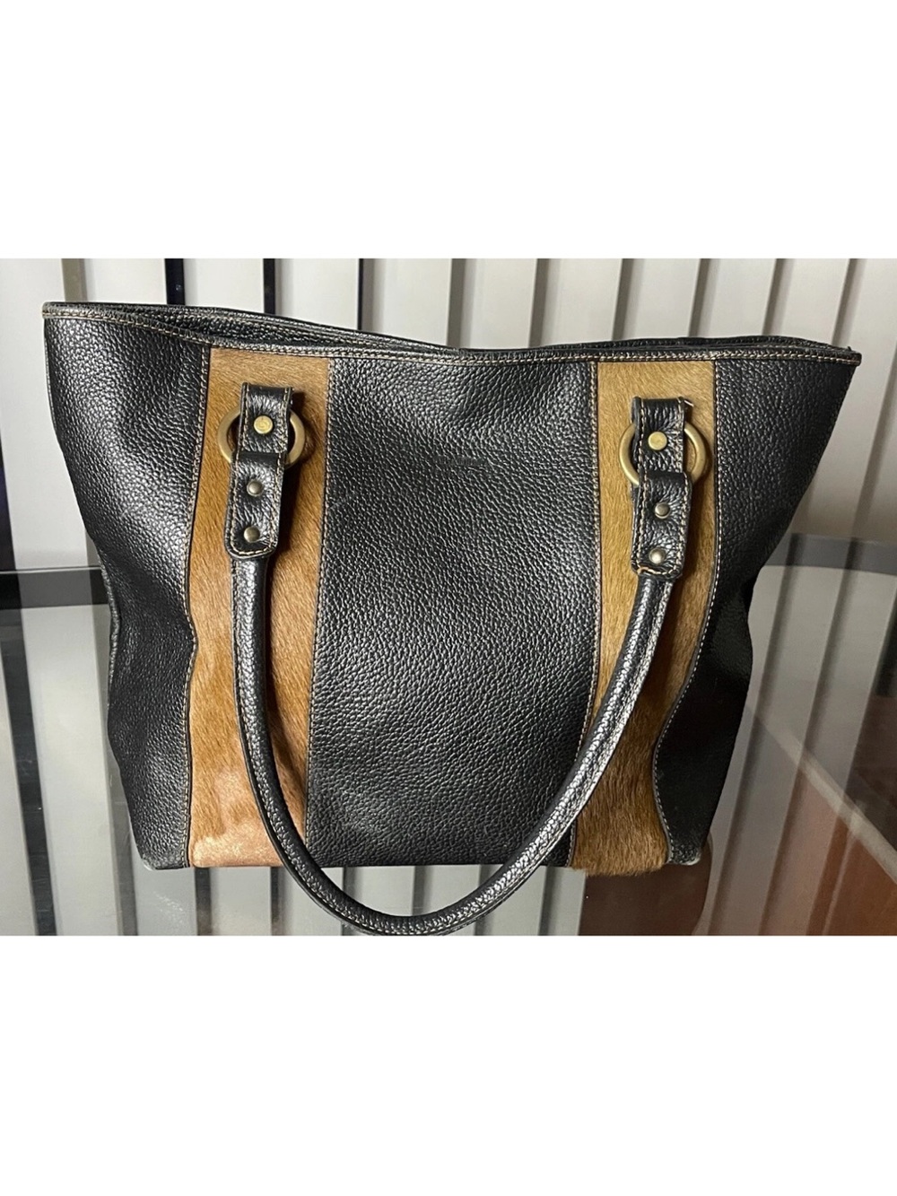 VTG Claudia Firenze Black Leather Brown Hair On Hide Satchel Shoulder Bag
